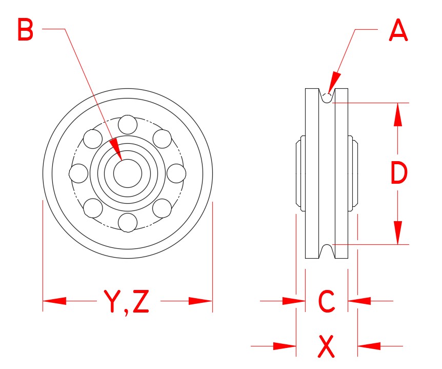 Stainless Steel Wire Rope Sheave - Bearings, S0413-0307, S0413-0513, S0413-0713, S0413-0816, S0413-1020, Line Drawing